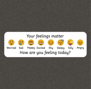 Cartoon faces with worries, sad, happy, excited, shy, sleepy, silly, and angry to encourage self expression on the playground