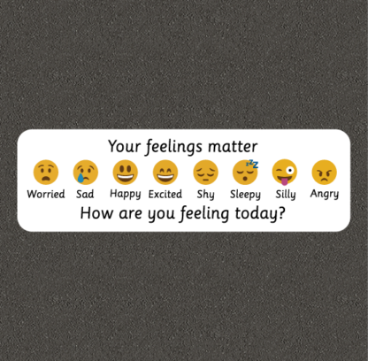 Cartoon faces with worries, sad, happy, excited, shy, sleepy, silly, and angry to encourage self expression on the playground